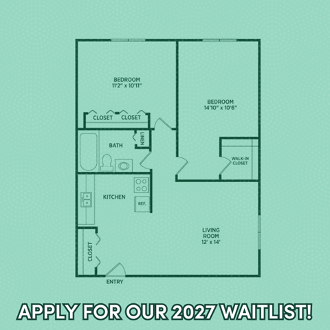 Floor plan for 2 beds, 1 bath, 689 sqft